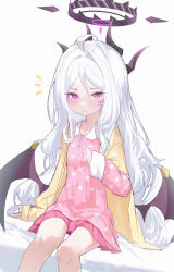 1girl absurdres black_halo blue_archive blush breasts demon_girl demon_horns demon_wings halo highres hina_(blue_archive) hina_(pajamas)_(blue_archive) horns jacket looking_at_viewer mamo_(user_jjca7524) pajamas pink_pajamas polka_dot polka_dot_pajamas pout purple_eyes simple_background sitting small_breasts thighs white_background wings yellow_jacket