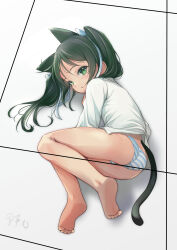1girl absurdres animal_ears ass barefoot black_hair cat_ears cat_tail commentary_request extra_ears fetal_position francesca_lucchini green_eyes highres long_hair looking_at_viewer lying on_side panties shirt solo strike_witches striped_clothes striped_panties tail twintails underwear white_shirt world_witches_series yashin_(yasinz)