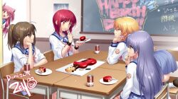 5girls angel_beats! blonde_hair blue_eyes brown_eyes brown_hair cake commentary_request eating fang food girls_dead_monster happy_birthday hisako_(angel_beats!) irie_miyuki iwasawa_masami long_hair multiple_girls peeking_out pink_eyes pink_hair ponytail purple_eyes purple_hair red_eyes red_hair ribbon school_uniform sekine_shiori serafuku shinda_sekai_sensen_uniform shirt short_hair skirt sleeves_rolled_up smile white_shirt yui_(angel_beats!) zen_(kamuro)
