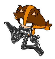 animal_ears blue_eyes bodysuit confused gloves hand_on_floor latex latex_bodysuit latex_gloves on_floor pulling_own_clothes qqlettuce sonic_(series) sonic_boom_(series) sticks_the_badger tail