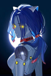 1girl android animal_ears bad_source blue_hair breasts cat_ears choker colored_sclera core_mita_(miside) from_behind glowing glowing_eyes hair_over_one_eye highres joints long_hair looking_at_viewer looking_back miside mita_(miside) official_art open_mouth ponytail solo upper_body yellow_eyes yellow_pupils