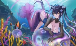 1girl absurdres air_bubble ass black_hair blue_dress blue_hair blush bracelet breasts bubble butt_crack cleavage collarbone colored_inner_hair commentary cone_hair_bun coral crossed_bangs detached_collar detached_sleeves dress fish floating floating_hair frilled_dress frills goddess_of_victory:_nikke hair_between_eyes hair_bun hair_intakes highres hing_(pixiv_93969166) jewelry large_breasts little_mermaid_(abyss_flower)_(nikke) little_mermaid_(nikke) long_hair looking_at_viewer multicolored_hair ocean official_alternate_costume pantyhose purple_pantyhose rock single_leg_pantyhose smile solo underwater very_long_hair yellow_eyes