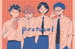 4boys :d :| adjusting_eyewear belt black_belt black_eyes black_hair blue_hair blue_pants brown_hair cha_(variaireven) closed_mouth collared_shirt commentary_request dress_shirt drinking_straw eyebrow_cut futsuu_no_keion-bu glasses grid_background group_name hand_in_pocket highres holding_juice_box juice_box male_focus mizuo_haruichi multiple_boys open_clothes open_mouth open_shirt orange_theme pants protocol._(futsuu_no_keion-bu) school_uniform shirt shirt_tucked_in short_hair smile standing taguchi_ryuuya takami_kouki tohno_gen watermark white_shirt