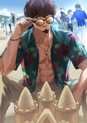 Rule 34 | 6+boys, abs, absurdres, achilles (fate), achilles (fearless diver) (fate), adjusting eyewear, ahoge, apollo (fate), asclepius (fate), asclepius (summer rescue) (fate), ball, bare pectorals, beach, brown pants, captain morgan pose, collarbone, edward teach (fate), edward teach (midsummer gentleman) (fate), facial hair, fate/grand order, fate (series), flying sweatdrops, goatee, green eyes, hawaiian shirt, hector (fate), highres, holding, holding ball, hood, hood up, jewelry, koniko0907, male focus, mandricardo (fate), mandricardo (summer sportswear) (fate), mature male, multiple boys, necklace, pants, paris (fate), pectorals, ponytail, sand castle, sand sculpture, shirt, shovel, sideburns, stepped on, summer, sunglasses, toned, toned male, volleyball