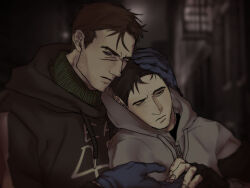 Rule 34 | 2boys, absurdres, afraid of monsters, black gloves, black hair, black hoodie, blurry, blurry background, brown hair, closed eyes, cry of fear, david leatherhoff, facial hair, fingerless gloves, gloves, goatee stubble, grey hoodie, hand on another&#039;s head, hand on another&#039;s shoulder, highres, hood, hoodie, hug, implied yaoi, ju-san, leaning on person, male focus, messy hair, multiple boys, print hoodie, scar, scar on face, serious, short hair, simon henriksson, stubble, turtleneck, upper body