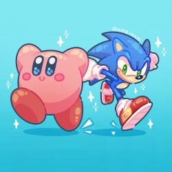 aimaay artist_name blue_fur blush closed_mouth commentary crossover english_commentary furry furry_male gloves green_eyes hedgehog_boy highres kirby kirby_(series) nintendo open_mouth shoes smile sonic_(series) sonic_the_hedgehog teeth white_gloves