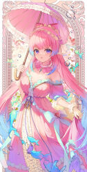 1girl air_bubble alternate_costume bare_shoulders blue_hair breasts bubble cleavage colored_tips dress frilled_hairband frills genshin_impact gloves hairband highres holding holding_umbrella jewelry long_hair looking_at_viewer multicolored_hair necklace parted_lips pearl_necklace pink_dress pink_hair pioko sangonomiya_kokomi short_sleeves signature solo standing umbrella white_gloves