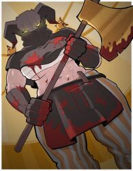 1girl abs absurdres axe black_gloves blood blood_on_clothes breasts chest_sarashi commentary critatonic dutch_angle elbow_gloves english_commentary gloves glowing glowing_eye hat highres holding holding_axe jester_cap large_breasts mask muscular muscular_female navel original pants sarashi solo striped_clothes striped_pants underboob