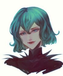 1girl black_bodysuit blue_eyes blue_hair bodysuit cassandra_(tangled) hair_between_eyes head_tilt highres itsuki_(itsukiovo) light_smile looking_at_viewer portrait red_lips short_hair solo tangled rapunzel&#039;s_tangled_adventure white_background