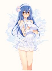1girl absurdres bare_shoulders blue_hair blush breasts brown_eyes commentary commission date_a_live dress english_commentary flower frilled_dress frills genderswap genderswap_(mtf) gloves hair_between_eyes hair_flower hair_ornament hairband heke highres itsuka_shido itsuka_shiori looking_at_viewer medium_breasts open_mouth second-party_source solo thighs white_dress white_flower white_gloves