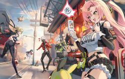 1boy 5girls absurdres anby_demara animal_ears astra_yao asymmetrical_gloves billy_kid black_gloves black_pants black_shoes black_shorts blonde_hair breasts cat_ears cat_girl cat_tail cellphone cleavage collared_shirt eating evelyn_chevalier fang fingerless_gloves flip_phone full_body gloves green_eyes grey_hair high_heels highres holding holding_phone jacket jacket_on_shoulders long_hair midriff misyune mole multiple_girls navel nekomiya_mana nicole_demara one_eye_closed open_mouth outdoors pants phone pink_hair running second-party_source shirt shoes short_hair short_sleeves shorts sleeveless sleeveless_shirt smile sweat tail tight_clothes tight_pants uneven_gloves white_shirt zenless_zone_zero