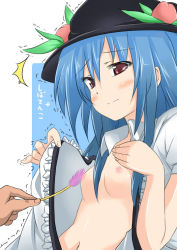 1girl bad_id bad_pixiv_id blush female_focus flat_chest food fruit hat hinanawi_tenshi navel nipple_tickling nipples no_bra peach solo tears tickling tickling_nipples touhou translation_request trembling undressing wata