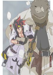 ... 2boys 430zzz animal_ears anton_ivanov bara bear_boy bear_ears ben_bigger black_hair black_tank_top brown_fur carrying carrying_person chain chain_necklace closed_mouth commentary_request drill fingerless_gloves furry furry_male gloves highres holding holding_weapon jacket jewelry looking_at_another looking_at_viewer male_focus multicolored_hair multiple_boys necklace notched_ear pants pectoral_cleavage pectorals scar scar_across_eye scar_on_face speech_bubble spoken_ellipsis streaked_hair tank_top translation_request weapon white_jacket white_pants zenless_zone_zero