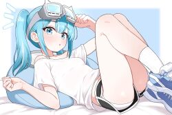 1girl absurdres aqua_eyes aqua_hair arahashi_tabi bare_shoulders black_shorts breasts dolphin_shorts goggles goggles_on_head hands_up highres legs_up long_hair looking_at_viewer lying micro_shorts midriff multicolored_hair off-shoulder_shirt off_shoulder on_back panties panty_peek parted_lips saho_4545 shirt shoes short_sleeves shorts sidelocks small_breasts sneakers socks solo stellive streaked_hair thighs twintails underwear virtual_youtuber white_panties white_shirt white_socks