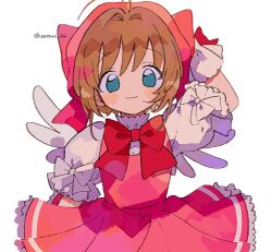 1girl arm_up blue_eyes blush_stickers bow bowtie brown_hair cardcaptor_sakura closed_mouth cowboy_shot dress frilled_dress frills gloves hat highres kinomoto_sakura kinomoto_sakura_(magician) looking_at_viewer pink_dress puffy_short_sleeves puffy_sleeves red_bow red_bowtie red_hat short_hair short_sleeves simple_background sleeve_bow smile solo twitter_username white_background white_bow white_gloves white_wings wings zettai_22