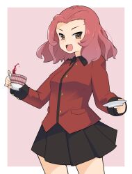 Rule 34 | 1girl, black skirt, brown eyes, commentary, cowboy shot, cup, girls und panzer, highres, holding, holding cup, holding saucer, jacket, long sleeves, looking at viewer, magutata, medium hair, military uniform, miniskirt, open mouth, pink background, pleated skirt, red hair, red jacket, rosehip (girls und panzer), saucer, skirt, smile, solo, spilling, st. gloriana&#039;s military uniform, standing, tea