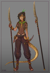 1girl anaconda_girl artist_name baggy_pants bandaged_foot bandaged_hand bandaged_leg bandaged_weapon bandages belt black_belt black_nails black_panties breasts brown_scales commentary commission covered_navel d-rex dual_wielding english_commentary engraved feather_hair_ornament feathers feet full_body gloom_(expression) gold_anklet gold_choker gold_necklace gradient_background green_eyes green_feathers grey_background grey_lips hair_ornament highres hip_vent holding holding_knife holding_polearm holding_weapon jewelry knife lizard_tail long_tail nail_polish navel necklace original panties pants pointy_ears polearm reptile_girl scales see-through_clothes see-through_pants see-through_shirt shirt skinny slit_pupils small_breasts snake_girl solo standing tail tan toenail_polish toenails toes torn_clothes torn_shirt underwear weapon yellow_scales