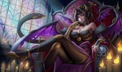 1girl amanda_lapalme candle demon demon_girl digimon digimon_(creature) fallen_angel female_focus highres horns lilithmon lipstick makeup mark_of_evil nail_polish seven_great_demon_lords sitting skull solo throne wings