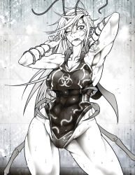 1girl antennae armpits arms_up arthropod_limbs biohazard_symbol blush breasts collarbone competition_swimsuit cowboy_shot earrings greyscale highres himemushi_momoyo jewelry large_breasts long_hair looking_at_viewer monochrome multiple_earrings muscular muscular_female one-piece_swimsuit one_eye_closed piercing pointy_ears ryuuichi_(f_dragon) solo sweat swimsuit tongue tongue_out tongue_piercing touhou