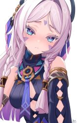 1girl absurdres bare_shoulders blue_eyes blunt_bangs blush braid breasts citlali_(genshin_impact) closed_mouth commentary genshin_impact hair_ornament heart highres long_hair looking_at_viewer reymrd ribbon signature solo upper_body white_background
