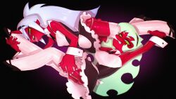 2girls absurdres arm_up armpits ass blue_hair breasts colored_skin demon_girl female_focus full_body glasses green_eyes green_hair highres horns kneesocks_(psg) large_breasts long_hair looking_at_viewer maid multiple_girls panty_&amp;_stocking_with_garterbelt ponytail red_skin scanty_(psg) sharp_teeth single_horn small_breasts teeth thighhighs tongue tongue_out upskirt wass_nonnam wrist_cuffs yellow_eyes