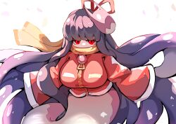 1girl absurdres breasts commentary_request completion_time covered_mouth dated dhy-232 fox_mask hair_ribbon highres jacket large_breasts long_hair long_sleeves looking_at_viewer mask mask_on_head mon-musu_quest! mon-musu_quest:_paradox monster_girl nuruko petals purple_hair red_eyes red_jacket red_ribbon ribbon scarf scylla simple_background sleeves_past_fingers sleeves_past_wrists solo tentacle_hair very_long_hair white_background wide_sleeves yellow_scarf zipper