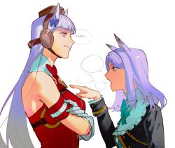 Rule 34 | 2girls, animal ears, black jacket, blunt bangs, bow, breasts, closed mouth, commentary, crossed arms, dress, ear bow, english commentary, frills, gloves, gold ship (umamusume), grey hair, hat, height difference, highres, horse ears, horse girl, jacket, keibleh, long hair, mejiro mcqueen (umamusume), multiple girls, open mouth, pillbox hat, purple eyes, purple hair, red dress, shirt, simple background, sleeveless, sleeveless dress, smile, speech bubble, umamusume, upper body, white background, white gloves, white shirt