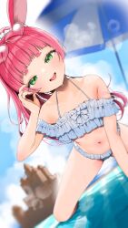 1girl all_fours animal_ears arm_up beach_umbrella bikini eyewear_on_head fellatio_gesture glasses green_eyes heart heart-shaped_eyewear highres itohana kemomimi_refle! legs_apart long_hair looking_at_viewer navel open_mouth outdoors pink_hair ponytail rabbit_ears rabbit_girl smile solo swimsuit thighs tongue tongue_out umbrella uno_sakura virtual_youtuber white_bikini