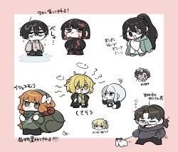 4girls 5boys animalization black_eyes black_hair blonde_hair bob_cut brown_hair chibi chibi_only don_quixote_(project_moon) faust_(project_moon) green_eyes gregor_(project_moon) grey_hoodie highres hong_lu_(project_moon) hood hoodie ishmael_(project_moon) kojocho05 limbus_company long_hair low_ponytail meursault_(project_moon) multiple_boys multiple_girls orange_hair ponytail project_moon red_eyes ryoshu_(project_moon) short_hair smell translation_request very_long_hair yellow_eyes yi_sang_(project_moon)