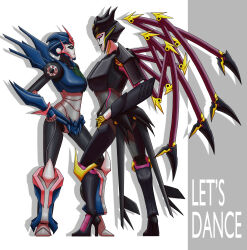 2girls absurdres airachnid arcee arcee_(prime) arthropod_limbs blue_eyes breasts colored_skin hands_on_own_hips high_heels highres humanoid_robot mecha mecha_focus medium_breasts multiple_girls purple_eyes robot size_difference soul-crafter thighs transformers transformers_prime wings