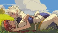 Rule 34 | 2girls, blue bow, blue eyes, blue ribbon, blue sky, blue vest, blush, bow, braid, chinese commentary, closed eyes, cloud, commentary request, gold trim, green headwear, green skirt, green vest, hair bow, hat, highres, hong meiling, izayoi sakuya, liangyilin, long hair, maid, maid headdress, multiple girls, neck ribbon, on grass, open mouth, outdoors, pants, puffy short sleeves, puffy sleeves, ribbon, shirt, short sleeves, skirt, sky, sleeping, touhou, vest, white hair, white pants, white shirt