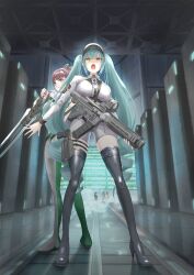 1boy 2girls absurdres aqua_hair assault_rifle black_boots blunt_bangs bodysuit boots breasts brown_eyes brown_hair closed_mouth commentary_request crossover drill_hair eve_(stellar_blade) full_body goddess_of_victory:_nikke green_bodysuit grey_bodysuit gun handgun hat hermin_(nikke) high_heel_boots high_heels highres holding holding_gun holding_sword holding_weapon holster holstered indoors large_breasts long_hair long_sleeves multiple_girls old old_man open_mouth ponytail powered_wheelchair privaty_(nikke) rifle rilyriri server shadow shift_up sidelocks standing stellar_blade sword thigh_boots thigh_holster twin_drills twintails two-tone_bodysuit unitard very_long_hair weapon weapon_strap wheelchair white_hat white_unitard yellow_eyes
