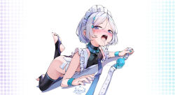 1girl apron ass black_thighhighs blue_nails blush collar feet feet_up frills full_body grey_hair hair_ornament highres liclac looking_at_viewer lying maid maid_headdress nail_polish necktie no_shoes on_stomach open_mouth original purple_eyes purple_nails saliva sex_toy short_hair simple_background soles solo stirrup_legwear sweat thighhighs toeless_legwear toes white_apron white_background white_hair