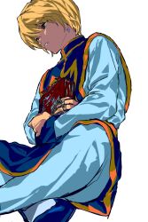 1boy blonde_hair blood blue_pants blue_shirt blue_shoes blue_tabard book crossed_arms earrings hand_chains highres holding holding_book hunter_x_hunter indian_style jewelry kurapika long_sleeves looking_ahead male_focus pants parted_lips piercing sgossho shirt shoes short_hair simple_background single_earring sitting tabard teeth white_background