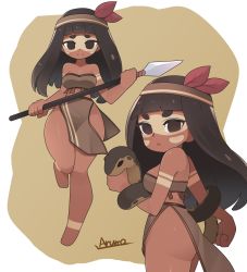 1girl artist_name black_eyes dark-skinned_female dark_skin facepaint female_focus headband highres holding holding_animal holding_polearm holding_snake holding_spear holding_weapon long_hair looking_at_viewer nayra_(tunche) open_mouth pelvic_curtain polearm ryuusui_arumo smile snake solo spear standing standing_on_one_leg strapless thick_eyebrows tribal tube_top tunche weapon