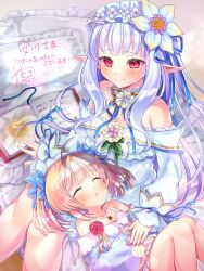 2girls ahoge artist_name bare_shoulders bed blonde_hair blue_ribbon book breasts dress flower frilled_dress frilled_hairband frills hachidoriwanokuni hair_flower hair_ornament hairband highres iris_mysteria! lap_pillow lily_(iris_mysteria!) long_hair multiple_girls neck_flower on_bed pointy_ears red_eyes ribbon short_twintails sleeping small_breasts twintails variant_set white_dress white_hair yuu_(iris_mysteria!)