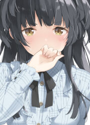 1girl black_hair black_ribbon blue_shirt blunt_bangs blush breasts covering_own_mouth dot_nose hand_up highres idolmaster idolmaster_shiny_colors kani_biimu long_hair long_sleeves looking_at_viewer mayuzumi_fuyuko medium_breasts neck_ribbon ribbon shirt simple_background solo sweatdrop upper_body white_background yellow_eyes