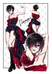1girl akanashi_(bachi_ak) argyle_background armpits arms_behind_head bare_shoulders black_choker black_eyes black_footwear black_hair boots choker earrings from_behind full_body gem_belt hair_over_one_eye headset highres jewelry kagari_hi kagari_hiyuki kagurabachi knee_boots lipstick makeup multiple_views one_eye_closed open_mouth parted_lips platform_footwear short_hair single_sleeve twitter_username upper_body