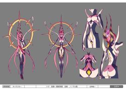 1girl ass breasts butt_crack reference_sheet close-up demon_girl extra_eyes female_focus flower hair_flower hair_ornament hana_(me!me!me!) high_heels horns iseki_shuuichi japan_animator_expo large_breasts long_hair maebari me!me!me! multiple_views official_art pink_hair narrow_waist stiletto_heels very_long_hair