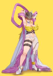 Rule 34 | 1girl, absurdres, angel, angel girl, angel wings, angewomon, armpits, arms behind head, artist name, asymmetrical clothes, asymmetrical legwear, bare shoulders, blonde hair, breasts, cheeso art, collarbone, covered eyes, digimon, digimon (creature), digimon adventure, feathered wings, feathers, head wings, helmet, helmet over eyes, high heels, highres, large breasts, licking lips, multiple wings, navel, pink shawl, shawl, simple background, skindentation, standing, tongue, tongue out, wings, yellow background