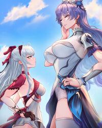 2girls anger_vein black_gloves blue_flower blue_sky bow breasts cantarella_(wuthering_waves) carlotta_(wuthering_waves) closed_mouth commentary day dress earrings eye_contact flower from_side gloves hair_bow hair_flower hair_ornament hairband hand_on_own_hip headdress height_difference highres jacket jewelry large_breasts long_hair looking_at_another mcdobo medium_breasts multiple_girls nail_polish pink_bow pink_hairband pink_jacket purple_eyes purple_hair purple_nails rivalry shorts shrug_(clothing) sidelocks single_thighhigh sky smile thighhighs thighs white_dress white_hair white_shorts white_shrug white_thighhighs wuthering_waves