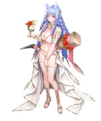 Rule 34 | 1girl, bikini, blue hair, body markings, braid, breasts, cleavage, cornucopia, covering crotch, covering privates, female focus, fire emblem, fire emblem heroes, full body, heidrun (fire emblem), heidrun (summer) (fire emblem), highres, large breasts, long hair, looking at viewer, navel, nectar, nintendo, non-web source, official alternate costume, official art, red eyes, sandals, sencha (senchat), solo, swimsuit, tachi-e, very long hair, white bikini