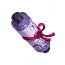 artist_request commentary english_commentary fake_text game_cg genshin_impact item item_focus knot label lowres no_humans official_art purple_theme scroll still_life string third-party_source transparent_background