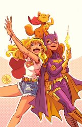 1girl 2girls artist_name barbara_gordon batarang batgirl belt blonde_hair boots breasts cape cat dated dc_comics gloves highres long_hair mask medium_breasts mikemaihack multiple_girls orange_hair pouch shirt simple_background streaky_the_supercat supergirl superhero_costume thigh_pouch white_shirt yellow_belt yellow_boots yellow_gloves