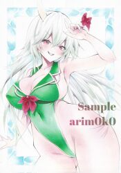 1girl adapted_costume arim0k0 artist_name blush bow breasts cleavage collarbone commentary covered_erect_nipples covered_navel cowboy_shot ex-keine fingernails green_hair green_one-piece_swimsuit groin highres horn_bow horn_ornament horns kamishirasawa_keine large_breasts long_fingernails long_hair looking_at_viewer marker_(medium) one-piece_swimsuit red_bow red_eyes sample_watermark smile solo swimsuit touhou traditional_media v-shaped_eyebrows watermark