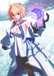 1girl :d absurdres ahoge arcueid_brunestud arcueid_brunestud_(mooncancer) black_gloves blonde_hair blue_ribbon breasts cleavage cube dress fate/grand_order fate_(series) field flower flower_field flower_on_head gloves gold_trim hair_ornament highres insomniacuni large_breasts looking_at_viewer marble_phantasm open_mouth pantyhose petals red_eyes ribbon short_hair smile tsukihime white_dress white_flower