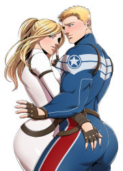 1boy 1girl animification ass blonde_hair blue_eyes blush bodysuit captain_america deep_skin grabbing_another&#039;s_ass groping hetero marvel mxsxe sharon_carter steve_rogers superhero_costume