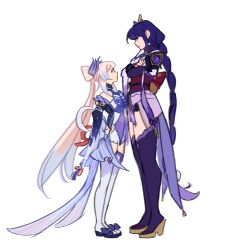 2boys angry armor back_bow bare_shoulders black_panties blunt_bangs bow bowtie braid bridal_gauntlets closed_mouth commentary crossed_arms detached_collar detached_sleeves dress english_commentary from_side full_body genshin_impact gradient_hair hair_ornament hair_ribbon height_difference highres imsweeps japanese_clothes kimono long_braid long_hair long_sleeves looking_at_another looking_down looking_up multicolored_hair multiple_boys off_shoulder panties pink_hair purple_eyes purple_hair purple_kimono purple_ribbon purple_thighhighs raiden_shogun red_sash ribbon sangonomiya_kokomi sash shoulder_armor simple_background single_braid standing thighhighs thighs underwear white_background white_panties white_thighhighs wide_sleeves yuri