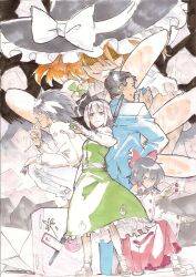 2boys bad_tag bags_under_eyes black_hair blue_suit bow call_of_cthulhu crossover death_note detached_sleeves dice finger_to_mouth formal_clothes frilled_bow frilled_hair_tubes frills green_skirt green_vest group_picture hair_bow hair_tubes hakurei_reimu heterochromia highres holding holding_dice holding_sword holding_weapon inogashira_gorou kirisame_marisa kodoku_no_gourmet konpaku_youmu l_(death_note) long_sleeves looking_ahead looking_at_viewer looking_to_the_side mtmy multiple_boys multiple_crossover polyhedral_dice red_skirt ribbon-trimmed_sleeves ribbon_trim shaded_face skirt skirt_set smile suit sword touhou vest weapon white_hair yukkuri_youmu_to_hontou_wa_kowai_cthulhu_shinwa