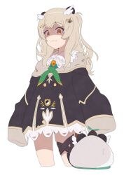 Rule 34 | 1girl, amatsuna sasaha, animal ears, black dress, blonde hair, bow, bowtie, catnamenothing, closed mouth, commentary request, cowboy shot, dress, green bow, green bowtie, highres, holster, long hair, long sleeves, looking at viewer, nanashi inc., orange eyes, panda ears, panda girl, shaded face, simple background, sleeves past fingers, sleeves past wrists, smile, solo, thigh holster, virtual youtuber, white background
